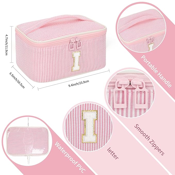 OCHEAL Makeup Bag Valentines Day Gifts for Women, Monogram Cosmetic Bag Pink Travel Makeup Case Beauty Toiletry Bag Organizer Personalized Gifts for Girls Bridesmaid, Sister, Wife, Friends Initial I
