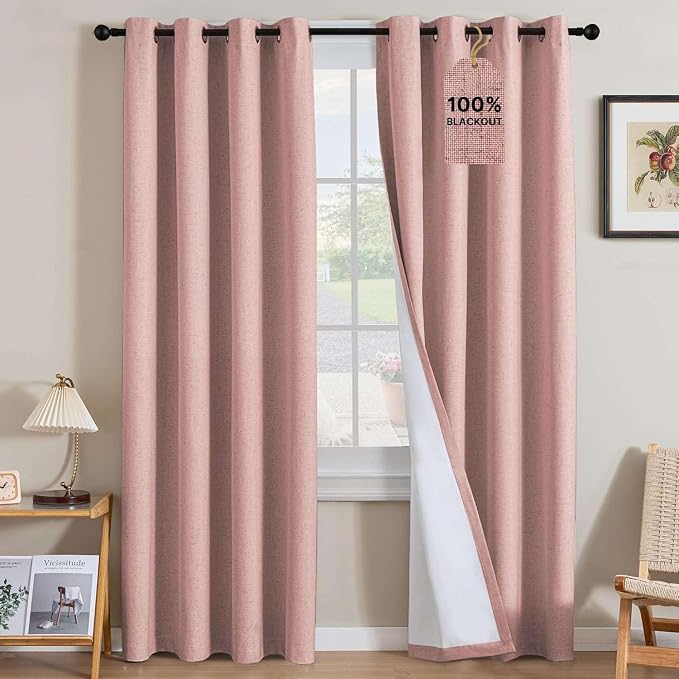 H.VERSAILTEX Linen Curtains 100% Blackout Curtains for Bedroom 84 inch Long Full Light Blocking Nature Linen Blended Window Curtains for Living Room Nickel Grommet (2 Panels, Heathered Baby Pink)