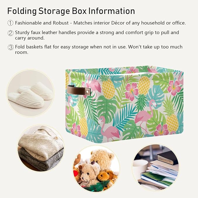 Aslsiy Storage Basket Summer Flamingo Hibiscus Nursery Bins Tropical Leaf Pineapple Baby Box Canvas Clothes Shelf Basket Laundry Hamper Gift Basket for Home Closet 1 Pcs
