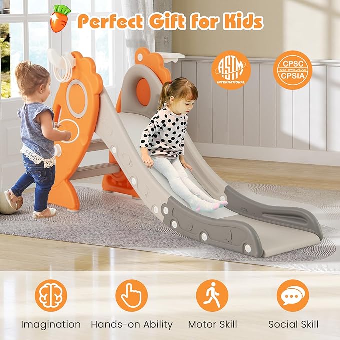 BABY JOY Toddler Slide for Kids, 4 in 1 Indoor Foldable Kids Slide w/Climber, Basketball Hoop & Ring Toss, Folding Climber Playset Baby Freestanding Playground