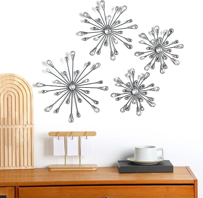 Hicarer 4 Pcs Starburst Wall Decor Bling Wall Art Crystal Teardrop 3D Hanging Rhinestone Radial Metal Artwork Modern Accent Sculptures Decorations for Living Room Home Office Bedroom(Black)
