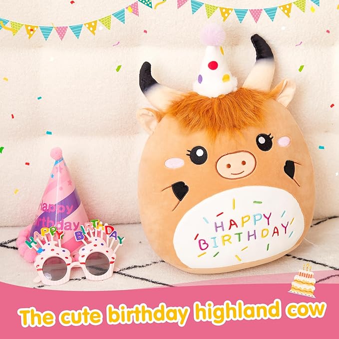 12'' Birthday Highland Cow Plush Pillow, Cute Scottish Highland Cow Stuffed Animal, Happy Birthday Plush Toy Party Decor Gifts for Kids Boys Girls
