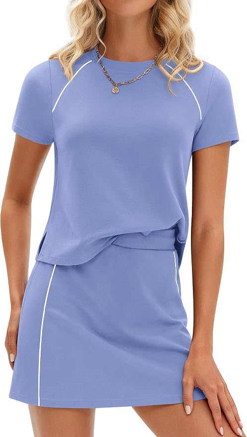 PRETTYGARDEN Women's 2 Piece Skirt Sets Matching Clothing | Short Sleeve Shirts,Color Block Tops,Mini Skirts with Shorts Pockets,Skort Set,Workout Active Wear,Tennis Golf,Summer Outfits