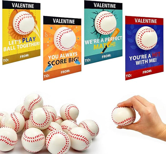 Baseball Valentines Day Cards Gifts for Kids School -24 Pack,Mini Foam Baseball Toys with Exchange Cards for Toddlers,Valentines Sport Goodie Bag Stuffer Classroom Favors Treats Prizes for Boys Girls