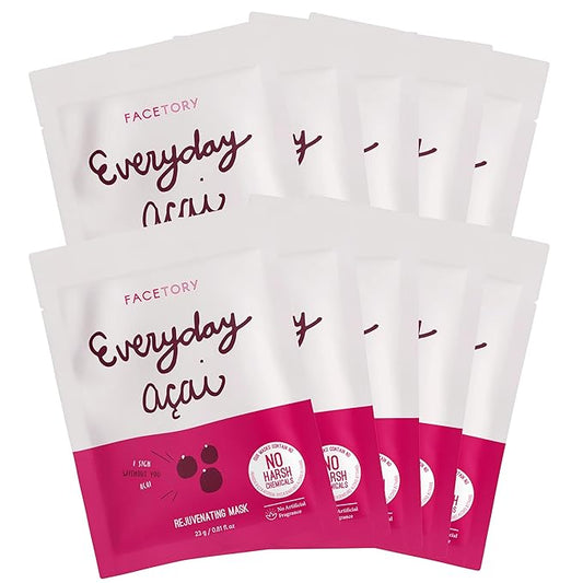 FACETORY K Beauty Face Mask Skin Care - Everyday ACAI Rejuvenating Sheet Mask | Plant-Based with Acai Infusion (10 Pack)
