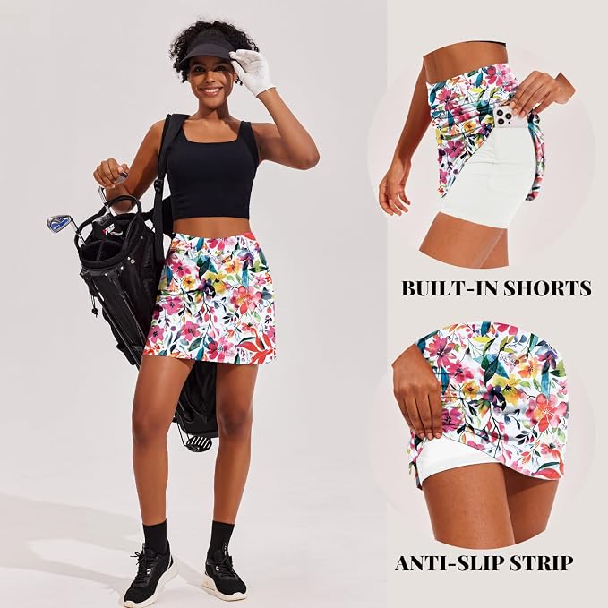 Ekouaer 16" Skorts for Women with Pockets Golf Pickleball Tennis Skirt | Silicone Grippers,2 Inner Pockets,Wide Waist,Side Slit Hem,Breathable,Soft,Lightweight