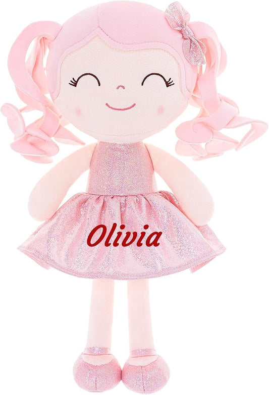 Gloveleya Personalized Baby Doll – 12” Soft Rag Doll with Custom Name Printing, Curly Hair Pink Dress, Keepsake Plush Toy, Perfect Birthday, Christmas for Girls