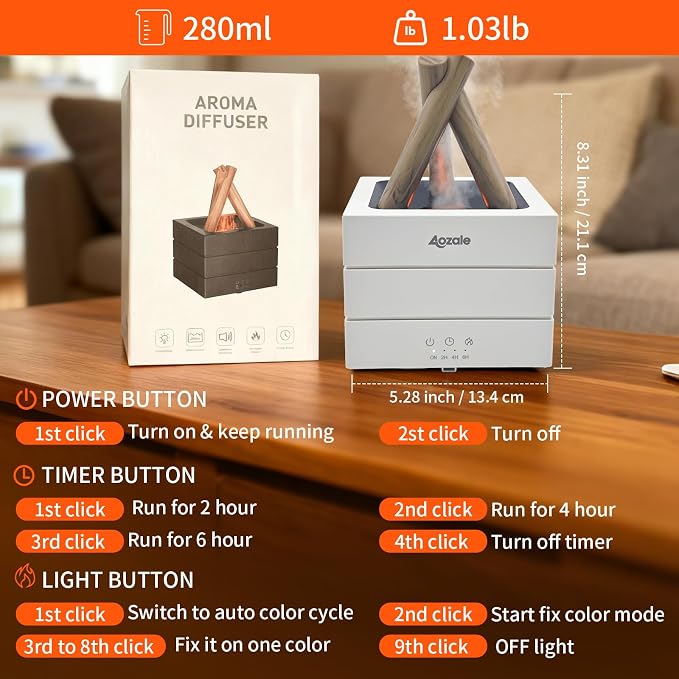 Campfire Flame Fire Diffuser, Bonfire Aromatherapy Essential Oil Diffuser, 280ML Ultrasonic Mist Humidifier with Remote, 7-Color LED, Timer, Auto Shut-Off for Bedroom, Office, Yoga, Gifts
