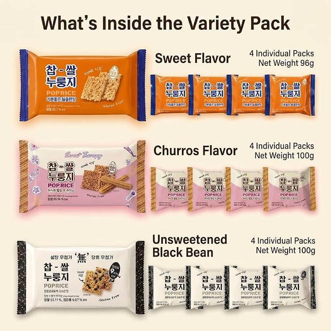 Korean Crunchy Baked Seaweed Rice Crackers (3Flavor Mix Pop Rice 10.4oz) | Crunchy baked korean crackers & pop rice; alternative to japanese rice crackers; traditional crispy nurungji snack packs