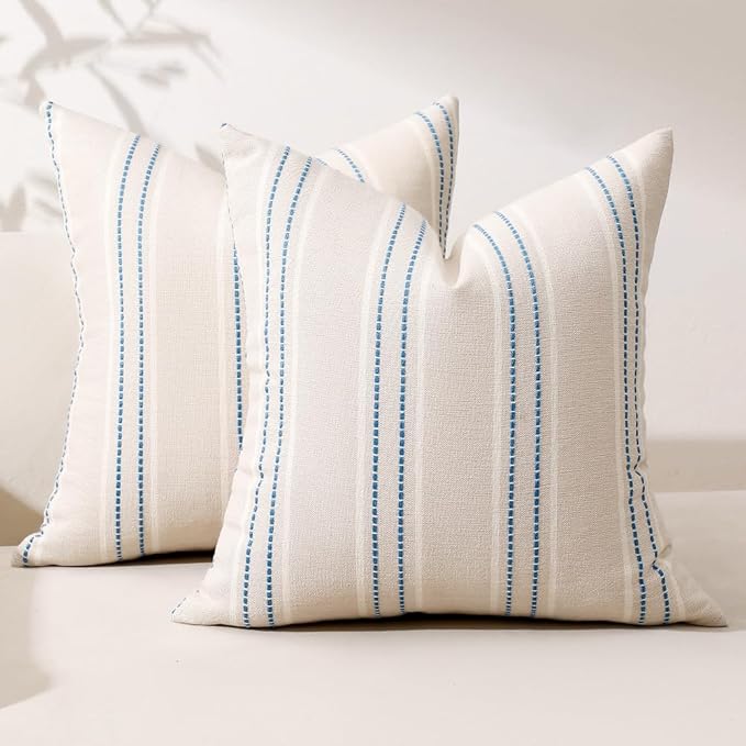 Hckot Striped Throw Pillow Covers 22x22 Set of 2 Lake Blue Pillow Covers | Farmhouse Decorative Pillows Textured Linen Square Cushion Covers for Sofa Couch Bed Living Room Decor(Lake Blue)