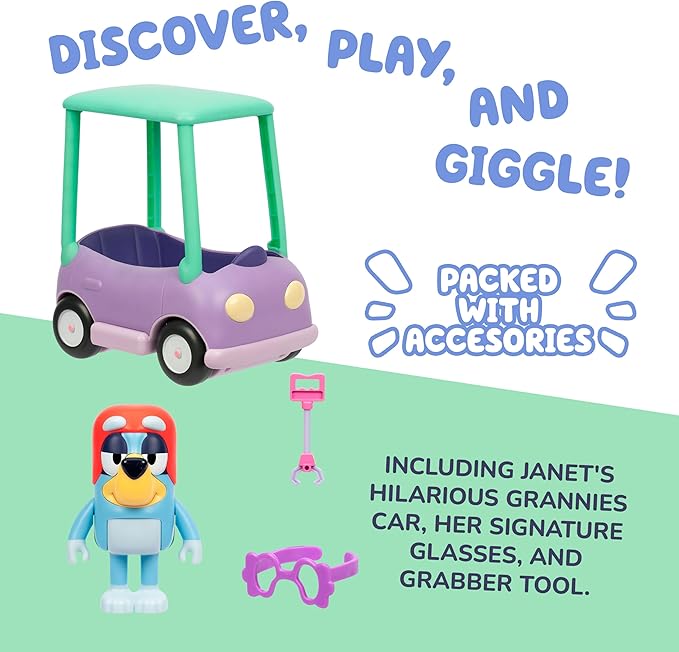 Bluey Grannies Car Coupe Chat Mates Playset, Talking Janet Kids Toy with Removable Blanket, Glasses, Interactive Toys Figures Set, Ages 3+