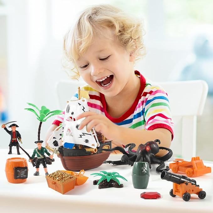 Pirate Action Figures Playset with Boat, Treasure Chest, Cannons, Shark, Pirate Ship Toys-Pirate Toy, 50 PCS Kids Pretend Adventure Set Figures, Birthday Gifts for Age 2 3 4 5 6 Year Old Boys Girls