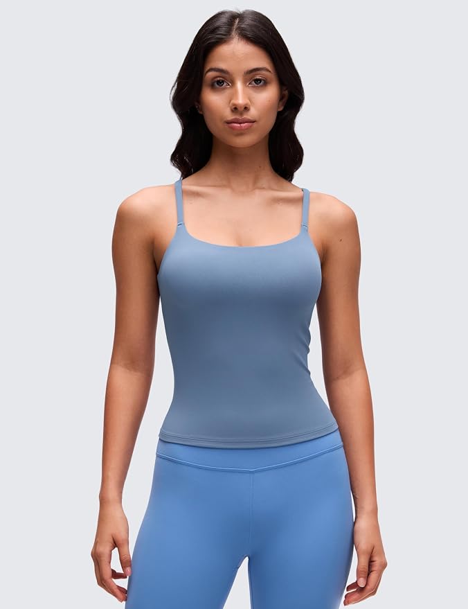 CRZ YOGA Softretch U Back Camisole Tank Tops for Women - Scoop Neck Padded Spaghetti Straps Soft Yoga Crop Top