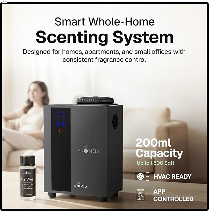 AROMELY ARO Home HVAC Scent Diffuser – Waterless Essential Oil Diffuser for Home, Apartment, Office & Large Room – Smart Bluetooth App Control, Cold Air Diffusion Technology, Up to 1,800 SQFT – Black