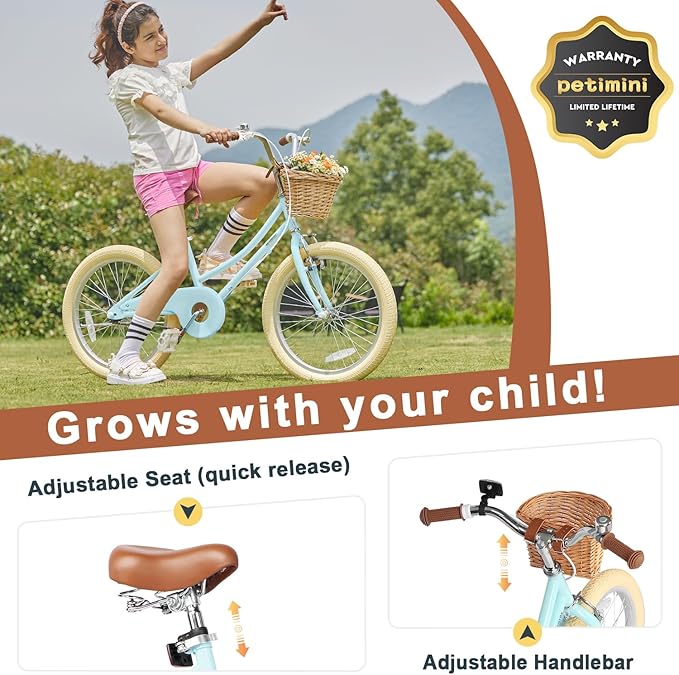 Petimini Vintage Kids Bike for Girls, 12–20 Inch Classic Bicycle with Wicker Basket & Bell, High Tensile Steel Frame, Training Wheels (12–18”), 85% Pre-Assembled, Retro Bike for Outdoor Riding