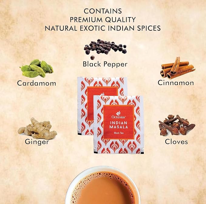 Octavius Indian Masala Black Tea Bags | Strong Indian CTC Tea for Milk | Rich & Malty Flavor | Premium Black Tea for Morning Energy | English Breakfast Style Tea | 30 Tea Bags Pack