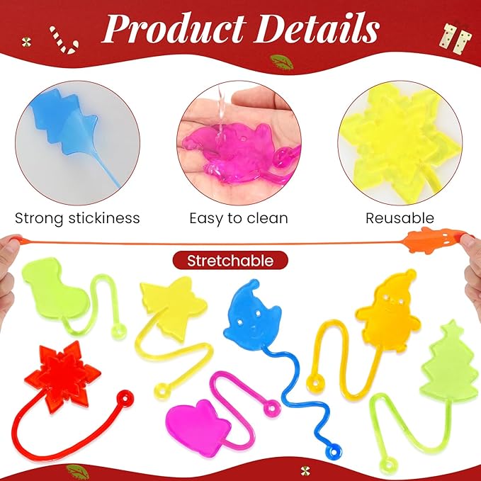 24PCS Christmas Stretchy Sticky Hands Toys for Kids, Rubbery Sticky Goodie Bag Stuffers Toys for Christmas Party Supplies, Colorful Sticky for Boys Girls Classroom Prizes