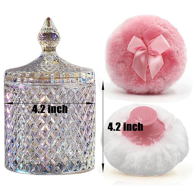 Luxury 4.2 Inch Glass Powder Container with 2 Plush Puffs｜Non-Sealed Organizer for Body Powder&Makeup｜Setting Powder Applicator w/Loose Powder Storage(Pointed Cylinder-Dazzling Colors-Large)