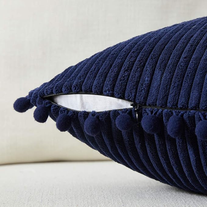 Fancy Homi Pack of 2 Corduroy Soft Decorative Throw Pillow Covers with Pom-poms, Solid Square Cushion Case Pillow Cases Set for Couch Sofa Bedroom Car Living Room (16x16 Inch/40x40 cm, Navy Blue)
