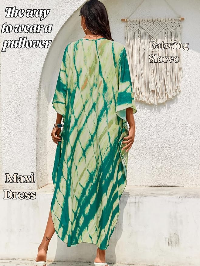 ChiaoLezhee Print Moo-Moos for Women, Kaftan Cover-Up Dresses, Sexy V-Neck High-Slit, Beach Pool-Party Coverups Muumuu Plus