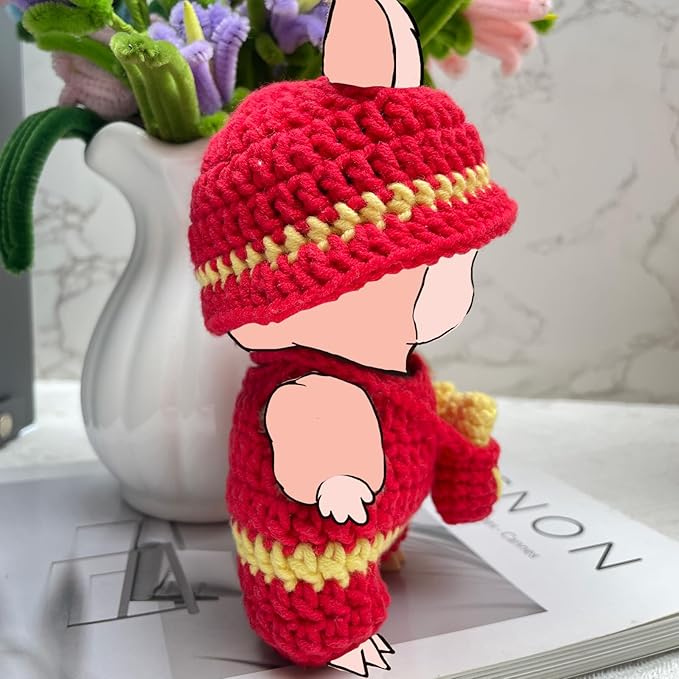 17cm Doll Clothes, 3-Piece Handmade Crochet Doll Outfit Set, Kawaii Style Accessories with Cute Hat, Jumpsuit & French Fries Bag Compatible 6 Inch, Gift for Collectors (ONLY Outfit)