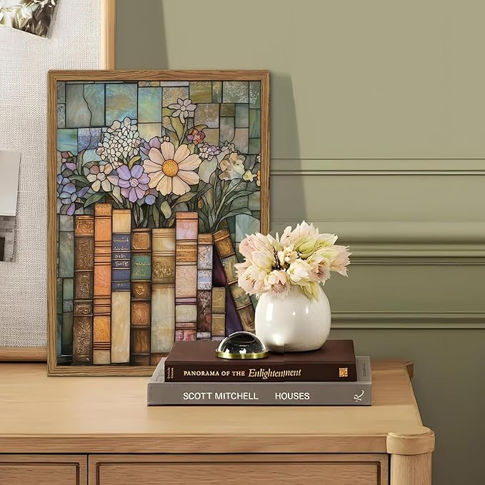 YYNISPIN Vintage Book Wildflower Wall Art Moody Stained Glass Book Lover Wall Decor Painting, Whimsical Reading Nook Library Poster Canvas Prints for Cottage Bedroom Living Room 12x16 inch Frame