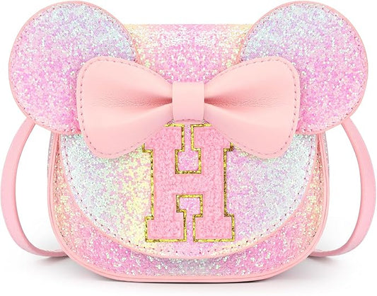 mibasies Toddler Purse Girl Gifts: Girls Birthday Gifts for 3-8 - Toys for Ages 2-4 Girls Mouse Ears Purse, Glitter Rainbow, Letter H