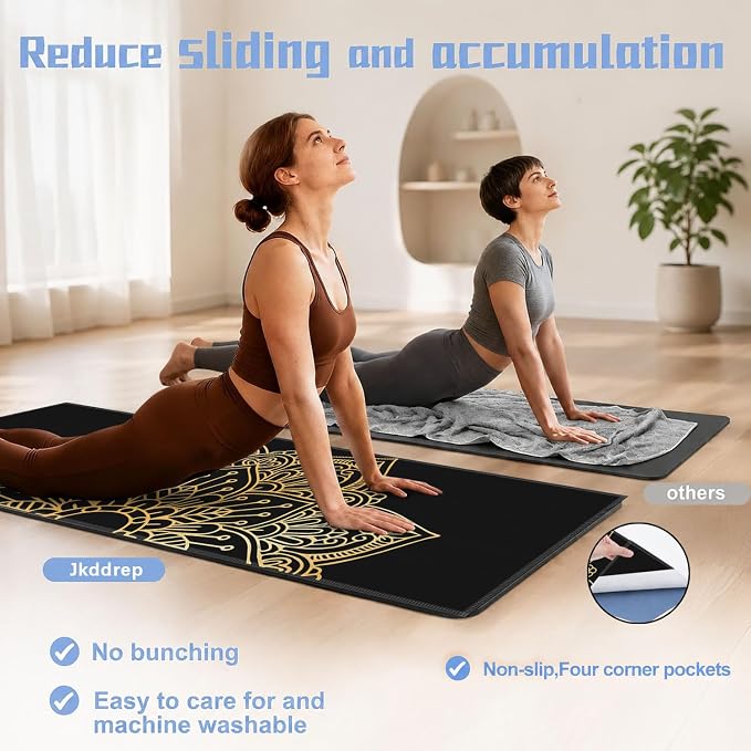 Yoga Mat Towel, Hot Yoga Non Slip with 4 Corner Pockets, 74 x 26 in | Soft Absorbent Microfiber With Four Corner Pockets, Fits Over Yoga Mats For Hot Yoga, Pilates, Gym, And Travel