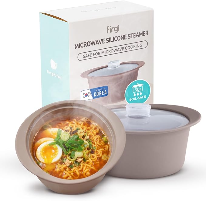 40oz Platinum Silicone Microwave Steamer Pot with Handle & Lid - Korean 100% Food-Grade Steamer Bowl, Heat-Resistant Cooker with Steam Holes, Easy Clean, Dishwasher Safe, Taupe Brown