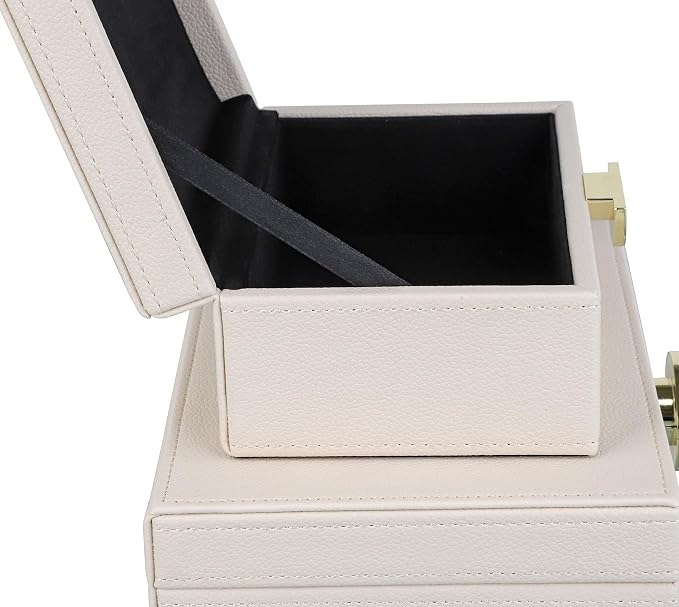 HofferRuffer Faux Leather Jewelry Boxes, Decorative Boxes Storage Accessory Organizer with Gold Hardware Decor, Classic Vegan Leather Set of 2 Pieces (CreamWhite)