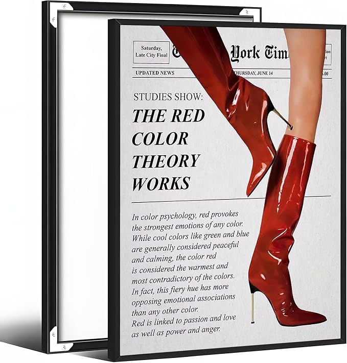 Vintage Color Theory Newspaper Poster Retro Fashion Red Boots Canvas Wall Art Funky Girl Room Decor Feminist Quote Print Wall Decor Aesthetic for Girly Bedroom Home Dorm 8x12inch Black Aluminum Frame