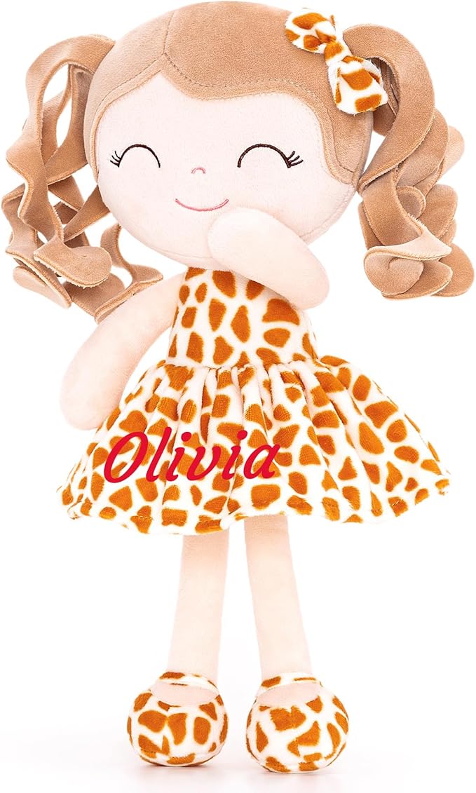 Gloveleya Personalized Rag Doll – Custom Name Baby Girl Gift, Soft Plush Curly Hair Doll with Giraffe Dress, 12 Inches – Birthday, Baby Shower & Holiday Keepsake Toy