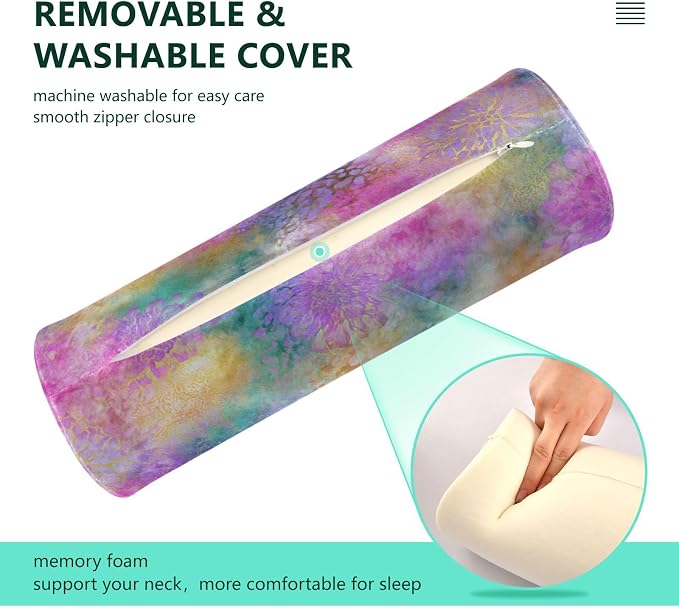 Colorful Floral Tie Dye Neck Roll Pillow Bolster Round Health Memory Foam Long Cervical Cylinder Pillows with Removable Washable Cover for Body Bed Legs Back Yoga