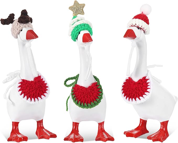 Geyoga 3 Pcs Mini Desk Goose Outfits 7 Inch Mini Knitting Hat and Bandana Knitting Desk Goose Headwear Bibs Accessory for Magnetic Statue Table Decor Gifts (Christmas Style)