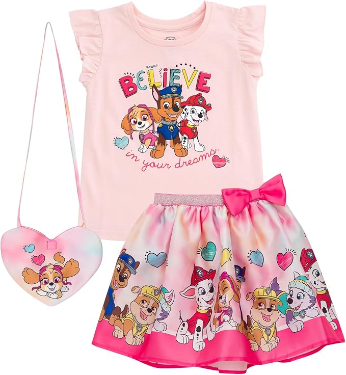 Paw Patrol Girls Tank Top Skirt and Bag 3 Piece Outfit Set Toddler to Big Kid Sizes (2T - 10-12)
