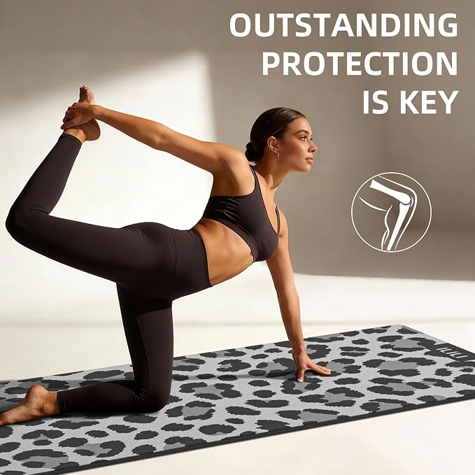 ILILI Yoga Mat Leopard Print Yoga Mat 8mm, Suede & TPE Thick Exercise Mat, Workout Mat for Women Men, 72''x25'' Fitness Mat with Strap for Home Gym, Yoga, Pilates, Stretching