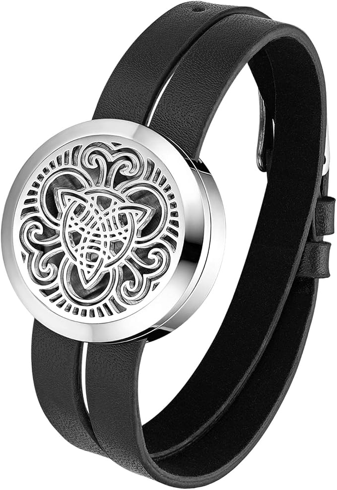 Essential Aromatherapy Oil Diffuser Locket Hollow Celtic Charm Leather Wrap Bracelet with 6 Color Pads,Size Adjustable,Black | Stainless Steel + Leather Design, Daily/Party/Gift, Hypoallergenic & Durable, Adjustable Fit