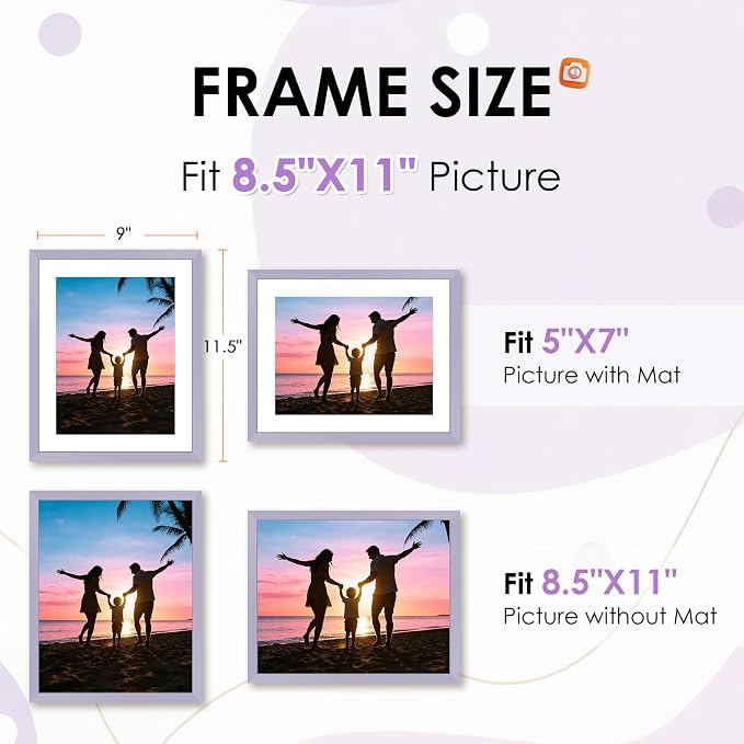 FIXSMITH 8.5x11 Picture Frame Set of 2, Purple Photo Frame with HD Plexiglass, Display Pictures 6x8 with Mat or 8.5x11 Without Mat, Black Picture Frames Collage Wall Decor, Gallery Wall Frame