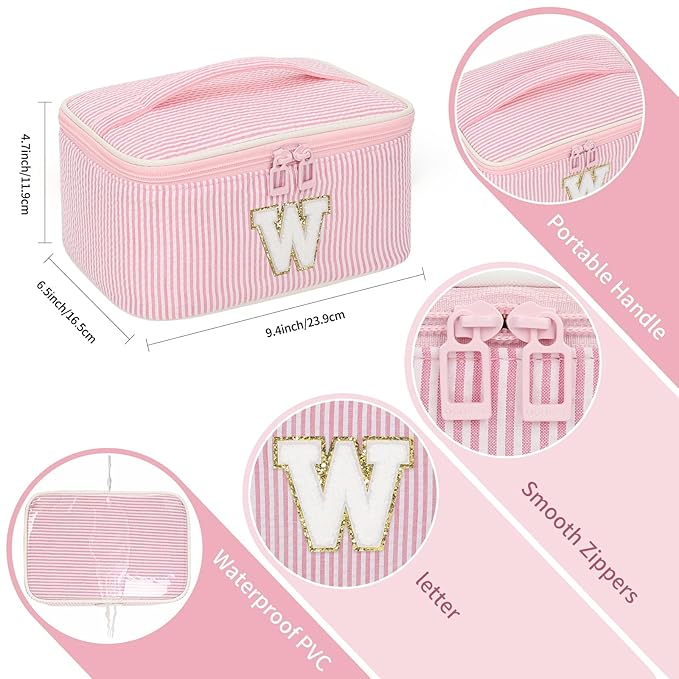 OCHEAL Makeup Bag Valentines Day Gifts for Women, Monogram Cosmetic Bag Pink Travel Makeup Case Beauty Toiletry Bag Organizer Personalized Gifts for Girls Bridesmaid, Sister, Wife, Friends Initial W