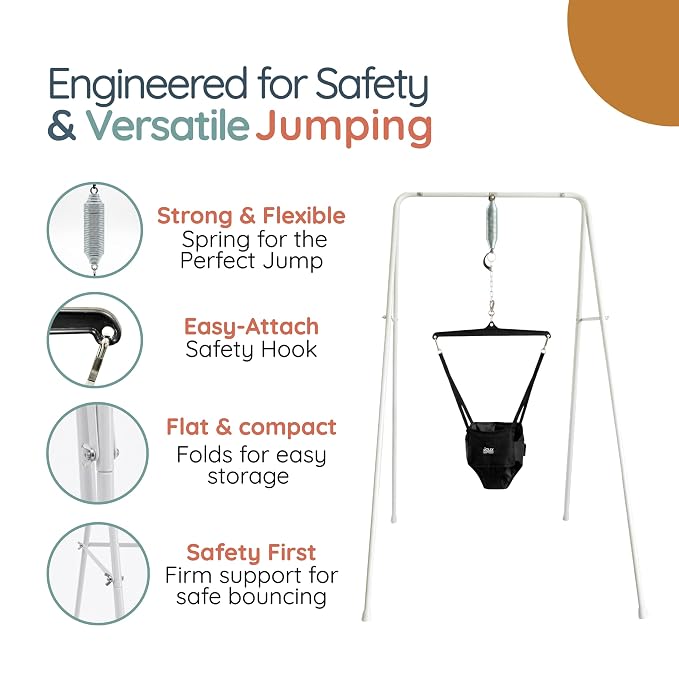 Jolly Jumper Classic (Carbon Black) with Stand - Original Baby Jumper, Indoor and Outdoor Exercise Saddle Seat, Adjustable Height, for Infants up to 28lbs