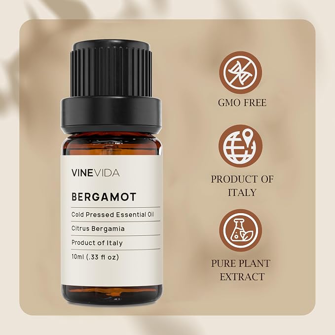 VINEVIDA Bergamot Essential Oil 10 mL - Undiluted, Pure, Vegan, Sustainable, and Recyclable Glass Bottle