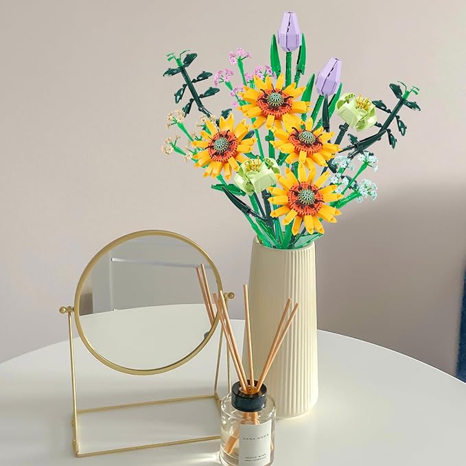 Flower Bouquet Building Blocks Sunflower Botanical Collection Bricks Sets Creative Toys Kits Mother's Day Birthday Aniversary Gifts for Adults Mom Girlfriends Old Kids 8-12, 6-12 (975 PCS)