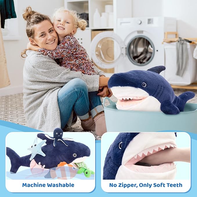 MaoGoLan 24 inch Large Plush Shark Stuffed Animal, Shark Toys with 5 Ocean Sea Animals Inside No-Zipper Mouth - Octopus, Turtle, Clown Fish, Starfish, Stingray - Kids Party Favors Decorations