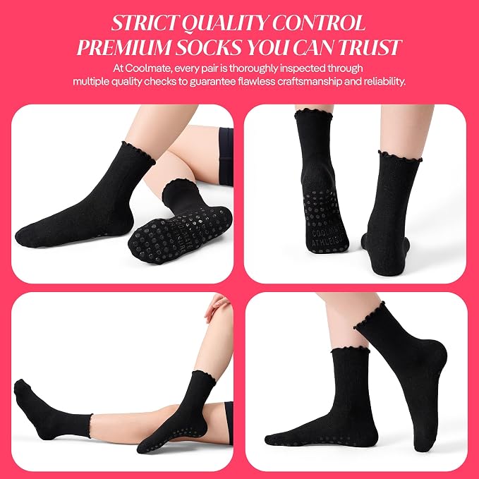COOLMATE Pilates Socks with Grips for Women, Yoga Socks, Crew Non Slip Women for Barre, Pilates Gifts for Women