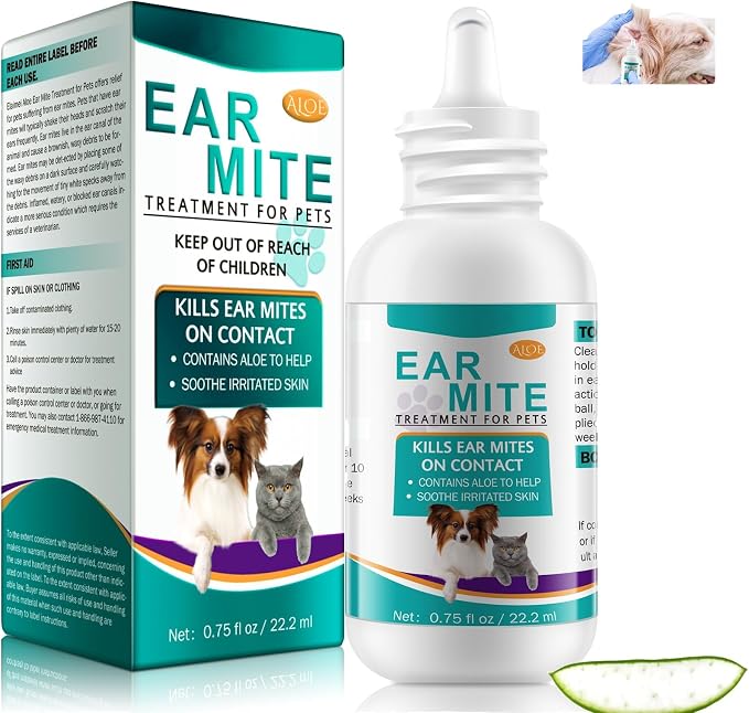 Ear Mite Treatment for Dogs and Cats, Cat Ear Cleaner with Aloe Vera, Cleaner on Contact & Soothes Itching, Vet-Recommended Formula for Pets Ear Cleaning, Fast-Acting