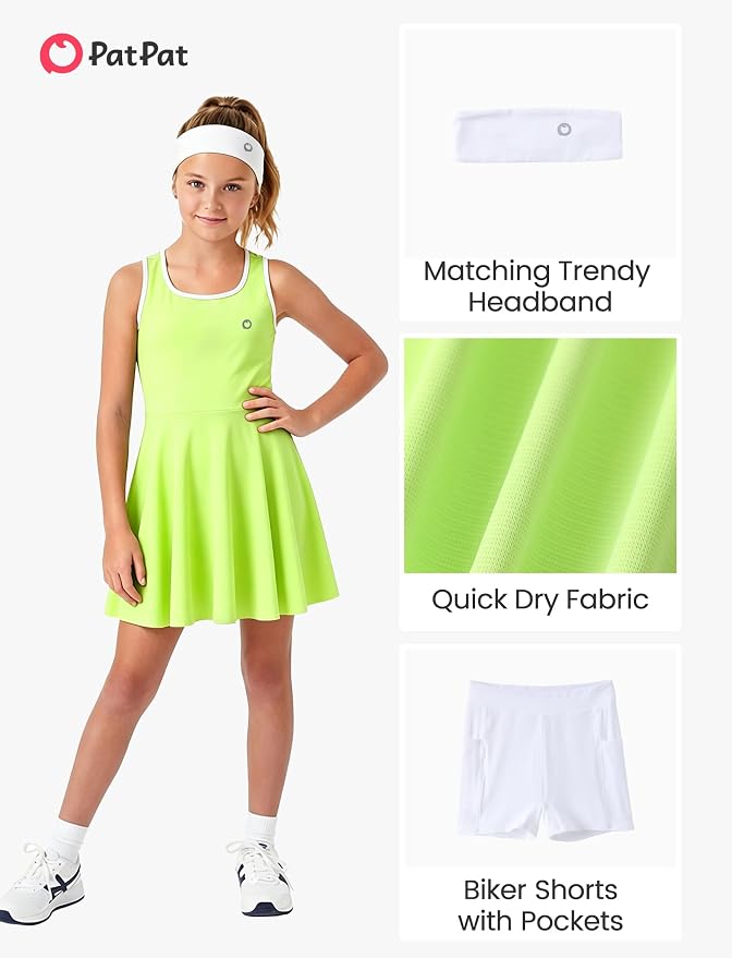 PATPAT Girls Athletic Dress Tennis Summer Outfit with Headband & Shorts | Quick-Dry RapidAir-C Fabric, Lightweight Breathable Golf Dress, Sweat-Wicking 2 Piece sets, Two Hidden Pockets