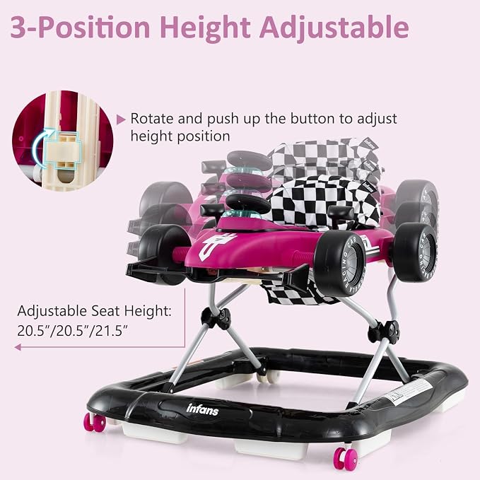 INFANS 4 in 1 Baby Walker, Foldable Toddler Activity Center with Adjustable Height, Padded Seat, Music, Light, Removable Tray, Push Walker for Girls Boys Aged 6-18 Months (Violet)