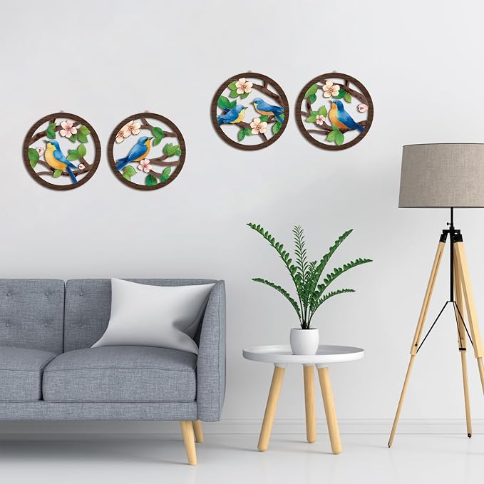 HPNIUB Bird on Birch Tree Branch Wall Decor, Modern Green Leaves Little Birds Laser Cut Artwork, 4 Pieces 10''x10'' Rustic Farmhouse Nature Animals Wall Hanging Plaque for Living Room Bedroom