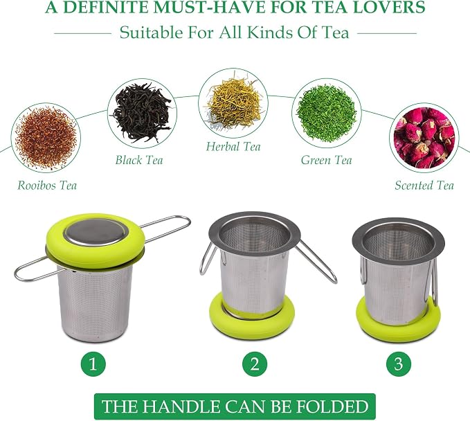 Tea Infuser Stainless Steel Tea Strainer Folding Handle Tea Filter Extra Fine Mesh Strainer Brewing Basket with Lid for Loose Leaf Tea (Green)