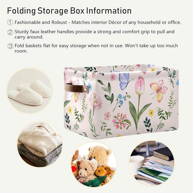 Aslsiy Storage Basket Cute Bright Flowers Easter Nursery Bins Butterfly Pink Canvas Clothes Shelf Basket Laundry Hamper Gift Basket 1 Pcs